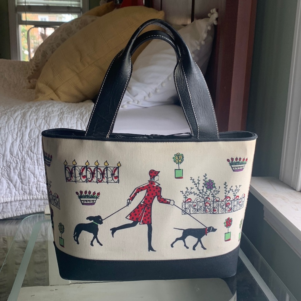 Talbots Paris Street Scene Handbag with Woman and Dogs, Leather and Sailcloth.